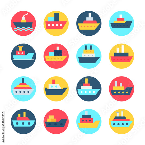  Circular Color Vector Ship and Boat Icons Set 