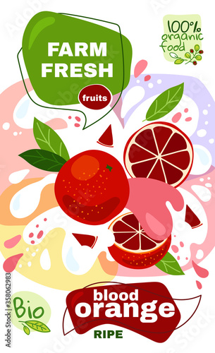 Food label template. vector illustration for organic red blood orange milkshake fruit drink. natural bio fruits package design. ripe orange fruits with splash background. eco concept farm fresh label.