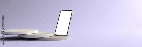 The Smartphone white screen on Round stone Pedestal is overlapping, Mobile phone mockup tilted to the ground. Pedestal can be used for advertising, Isolated on Minimal violet background,3D rendering.