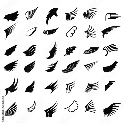 Set Black Line Flat Collection Wings Vector Icon Feather Design Style Decoration
