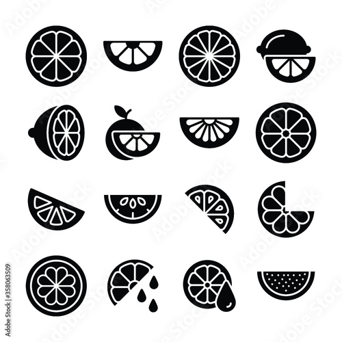 Collection of Glyphs Vector Citrus Slices, Orange and Lemon 

