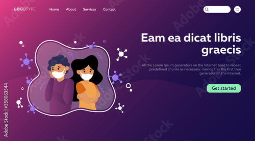 Concerned unhappy people feeling anxiety and fear about corona virus. Man and woman wearing face medical masks. Vector illustration for coronavirus panic attack and warning concepts