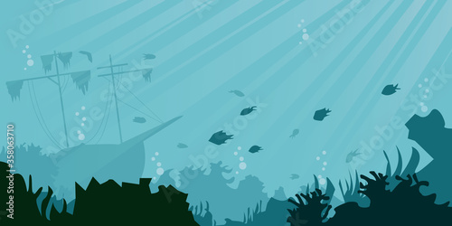 Sea underwater background. Cartoon style. Vector illustration. sunken ship, underwater plants, corals and fishes. Panoramic seascape.