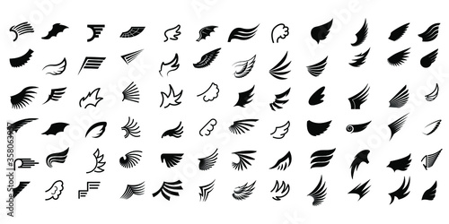 Set Black Line Flat Collection Wings Vector Icon Feather Design Style Decoration