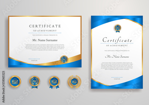 Blue certificate and diploma template with badges