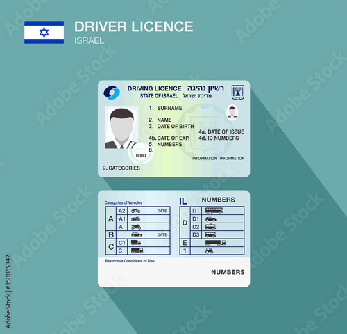 Israeli car driver license identification. Flat vector illustration. Israel.