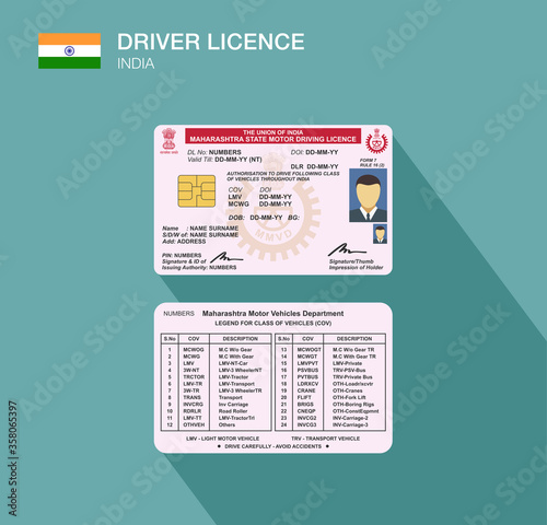 Indian Maharashtra car driver license identification. Flat vector illustration. Republic of India.