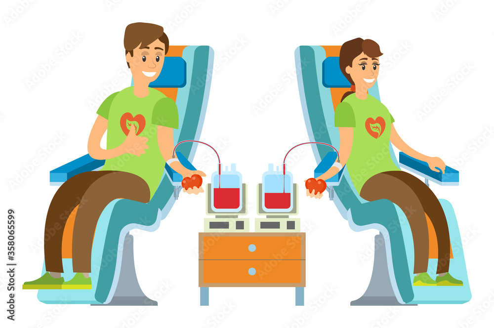 Man and woman donors sitting with needle in arm, blood donation, people volunteering, charity and healthcare, illness treatment, transfusing vector