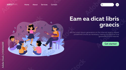 Happy kids having fun during their music class. Teacher and children playing guitar, clapping hands, dancing and singing at daycare preschool. Vector illustration for musical education concept