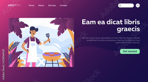 Man cooking steak on barbecue grill outdoors. Man wearing apron preparing meat flat vector illustration. Barbecue party concept for banner, website design or landing web page