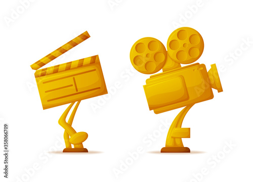 Movie or cinema academic award, gold trophy cups or prizes vector. Clapperboard and video camera with film reels, motion picture production reward