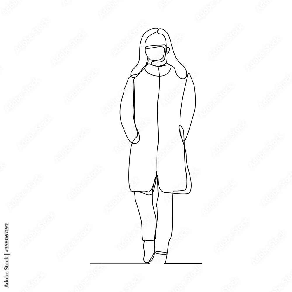 Continuous line drawing of woman walking wear medical mask. Vector illustration