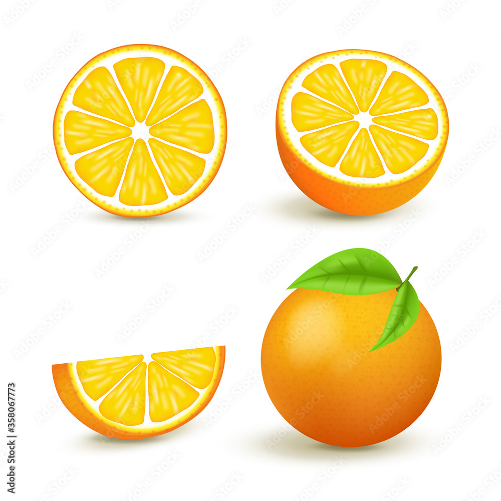 Juicy orange set with slice and leaves. Fresh citrus fruits whole and halves isolated vector illustration. 3D isolated on white background
