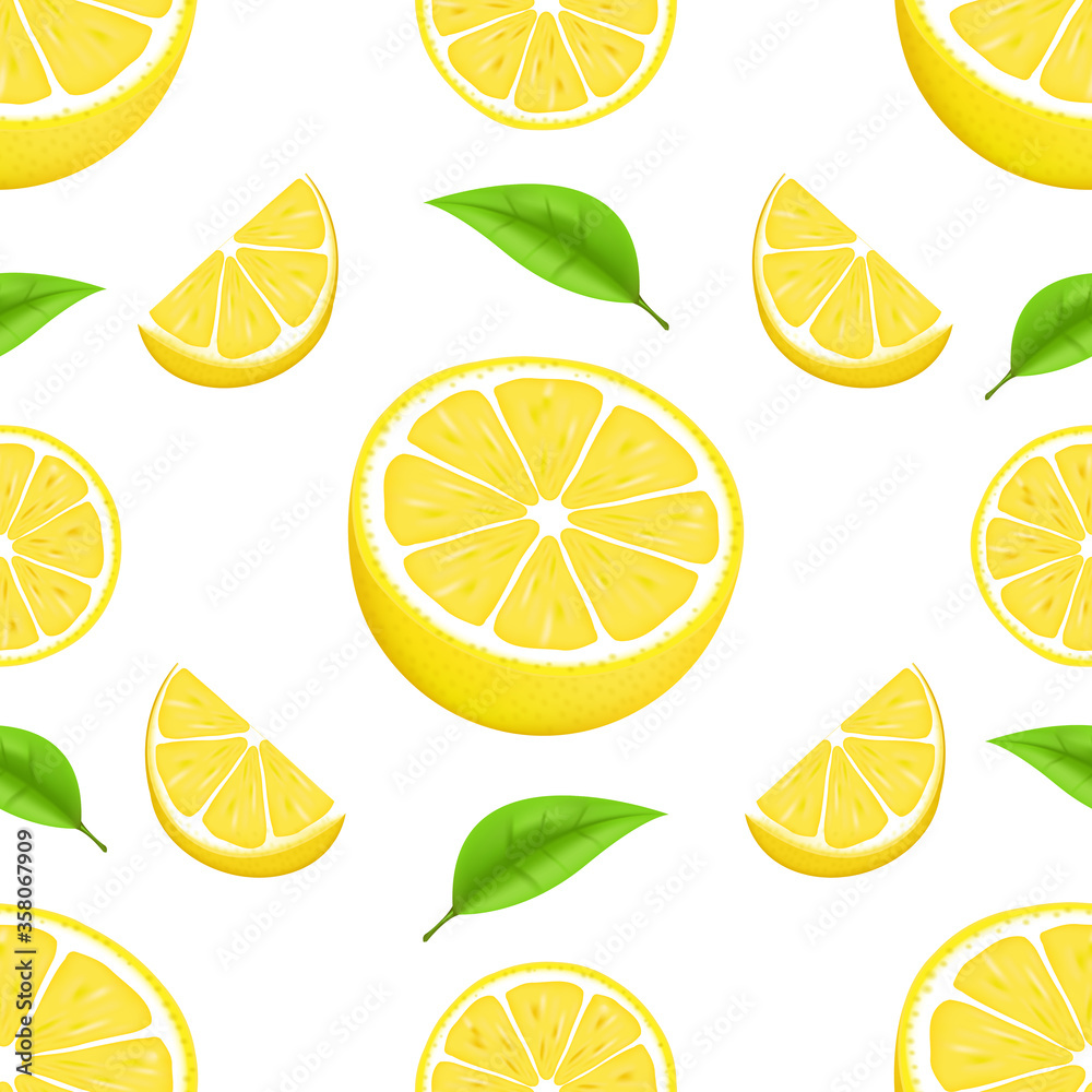 Vector summer pattern with lemons and leaves. Seamless texture design. Juicy orange with slice and leaves. Fresh citrus fruits whole and halves isolated vector illustration