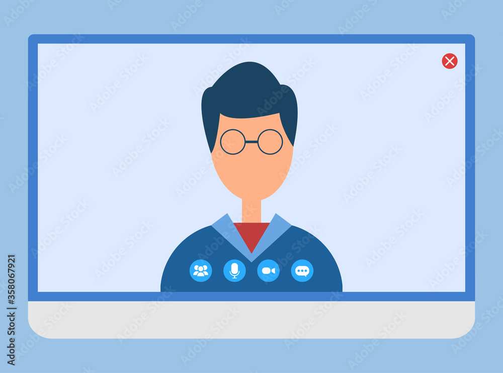 Applications allowing to communicate with people vector, isolated male wearing glasses on video conference, brainstorming and thinking, mike and chatting