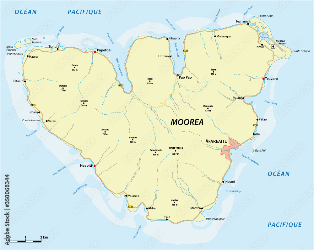 Vector road map of the island of Moorea in French Polynesia
