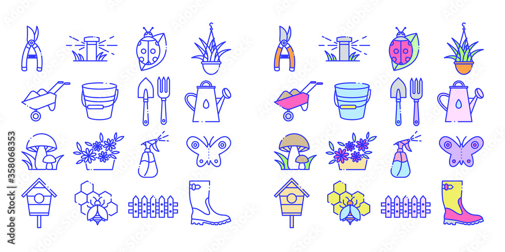 Gardening icons set. Icons included in the form of a beetle, plants, bucket, garden tools, watering can, watering, mushrooms, flowers, butterfly, bee, fence