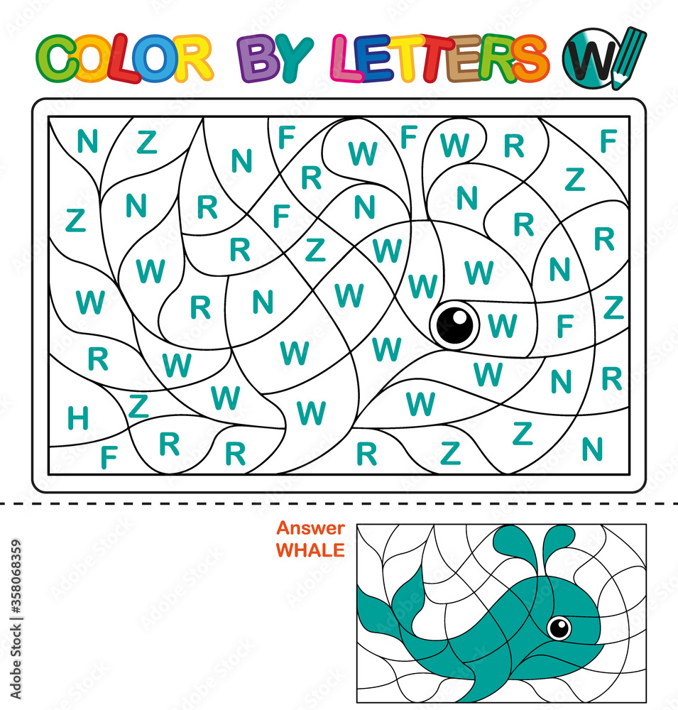 Obraz premium ABC Coloring Book for children. Color by letters. Learning the capital letters of the alphabet. Puzzle for children. Letter W. Whale