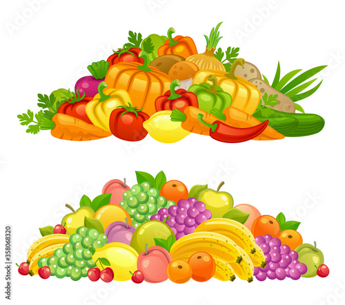 Heap of fruits and vegetables on a white background
