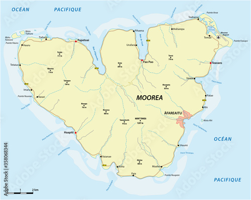 Vector road map of the island of Moorea in French Polynesia