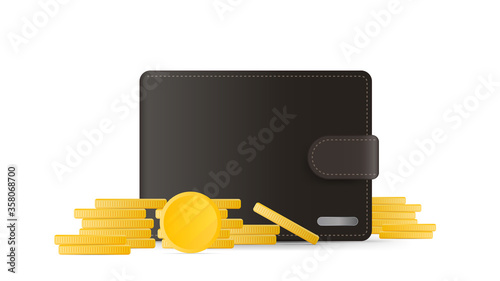 Brown wallet with coins. Men's wallet with gold coins in 3d. Isolated on a white background. Vector.
