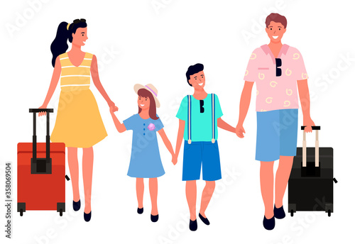 People with kids traveling on vacation vector, isolated mother and father with children on weekends. Luggage arrivals in airport, trip abroad dad and mom