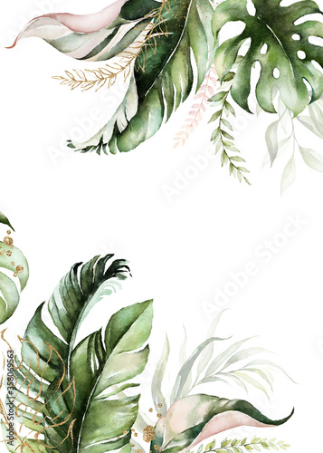 Watercolor tropical floral border - green, blush & gold leaves. For wedding s...