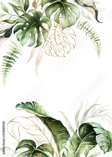 Watercolor tropical floral border - green, blush & gold leaves. For wedding s...
