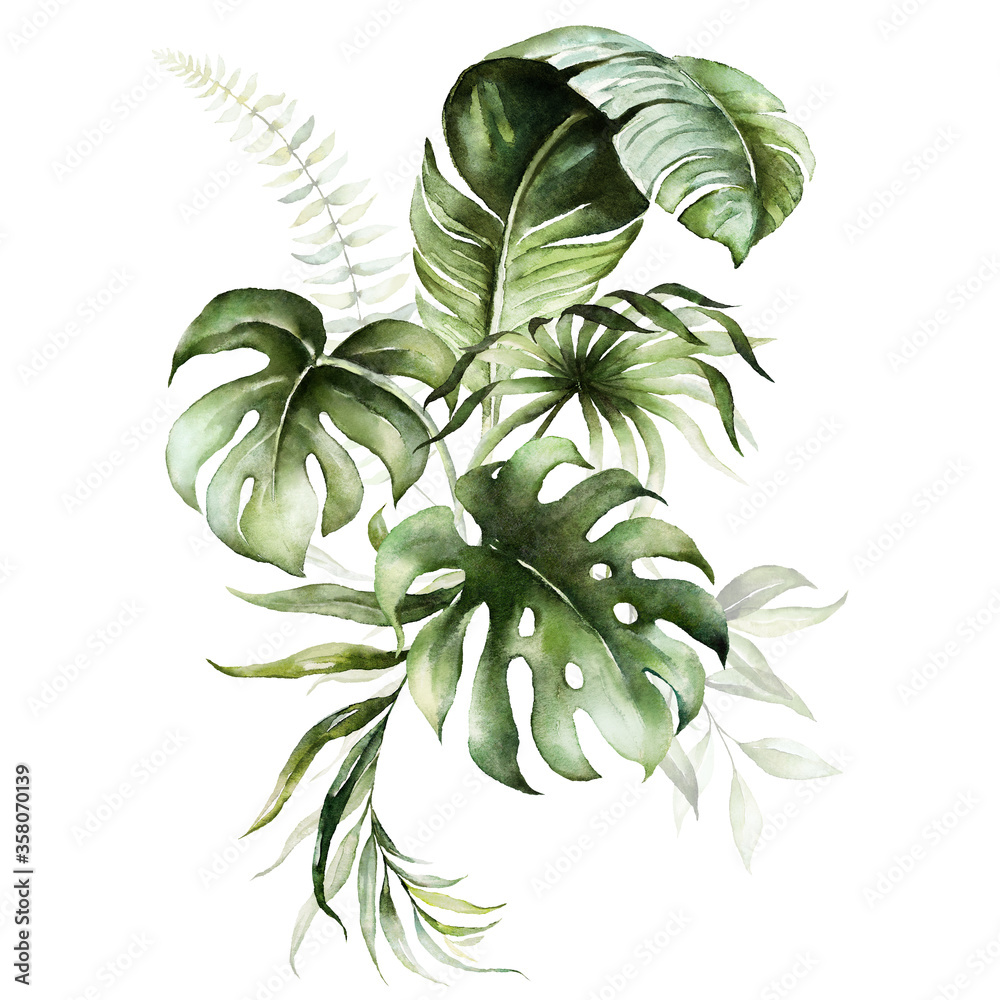 Watercolor tropical floral bouquet - green leaves. For wedding stationary, greetings, wallpapers, fashion, background.