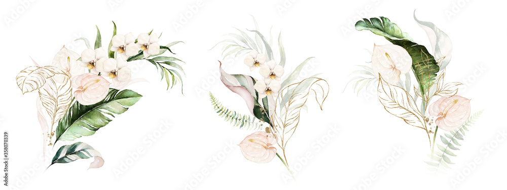 Εκτύπωση καμβά Watercolor tropical floral bouquet set - green & gold leaves, blush flowers