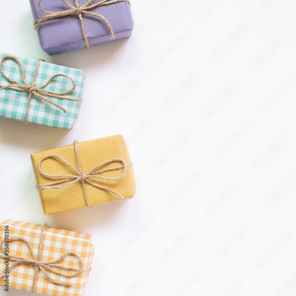 Colorful gift boxes isolated on white background. top view, copy space Colorful gift boxes isolated on white background. top view, copy space