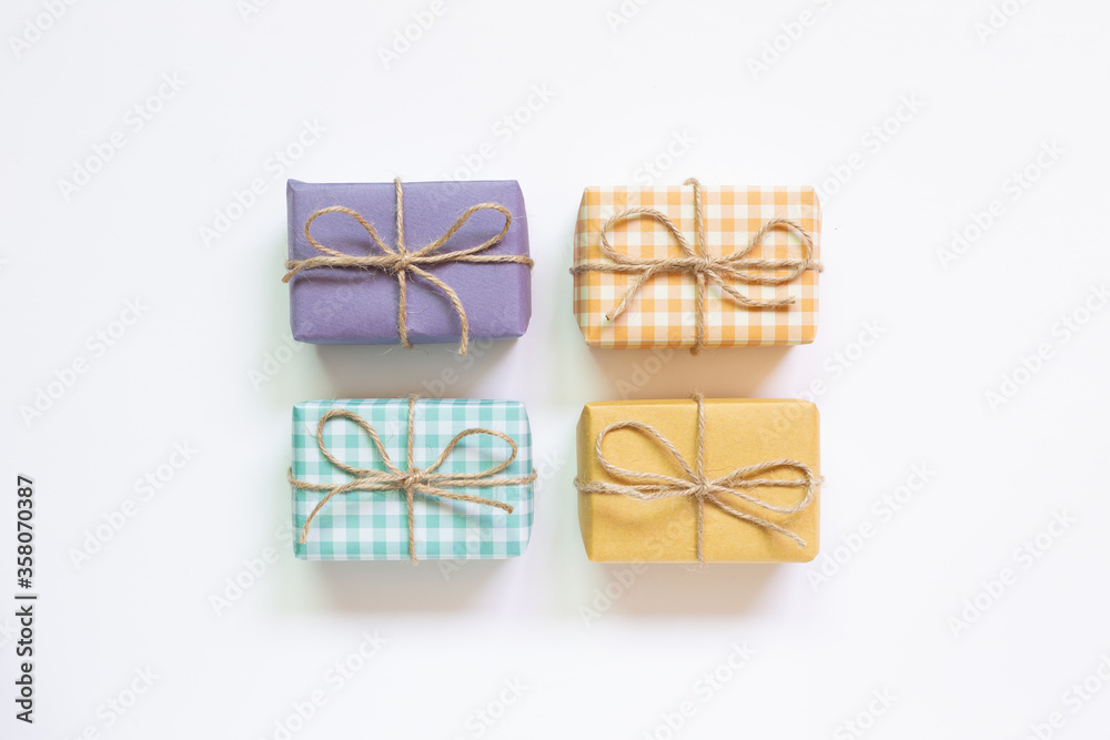 Colorful gift boxes isolated on white background. top view, copy space Colorful gift boxes isolated on white background. top view, copy space