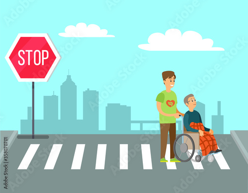 Volunteer person helps to old woman, charity volunteering. Vector man helping granny in wheelchair unable to walk to cross street on crosswalk or pedestrian crossing