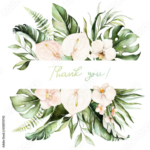 Tropical exotic watercolor floral frame. Green leaves, blush flowers. For wed...