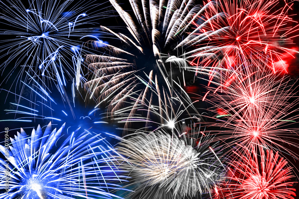 Blue white and red fireworks panoramic background, 2024 american