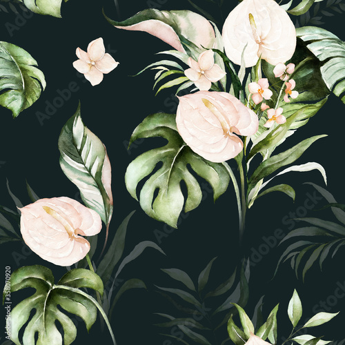 Green tropical leaves and blush flowers on dark background. Watercolor hand p...