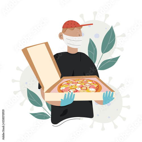 Pizza delivery man in medical mask and sterile gloves. Safe and fast home delivery. Safety delivery concept. Flat vector illustration