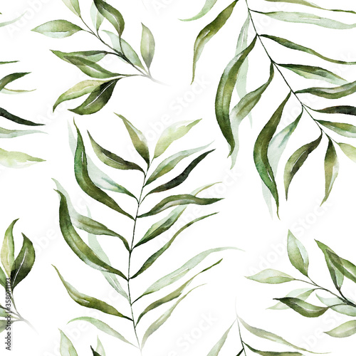 Green tropical leaves on white background. Watercolor hand painted seamless pattern. Floral tropic illustration. Jungle foliage.