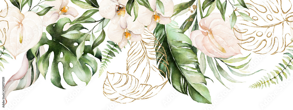 Green tropical leaves and blush flowers on white background. Watercolor ...
