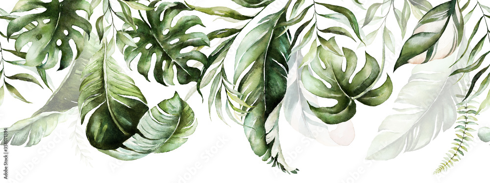 Green tropical leaves on white background. Watercolor hand painted seamless border. Floral tropic illustration. Jungle foliage pattern.