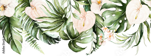 Green tropical leaves and blush flowers on white background. Watercolor hand painted seamless border. Floral tropic illustration. Jungle foliage pattern.