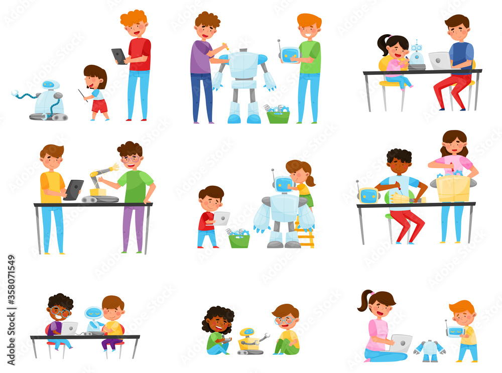 Children and Teenagers Sitting at Tables and Engineering Robots Vector Illustrations Set Children and Teenagers Sitting at Tables and Engineering Robots Vector Illustrations Set