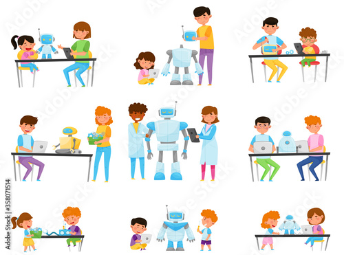 Children and Teenagers Sitting at Tables and Engineering Robots Vector Illustrations Set