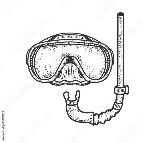 diver mask and snorkel sketch engraving vector illustration. T-shirt apparel print design. Scratch board imitation. Black and white hand drawn image.