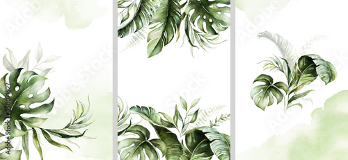 Watercolor tropical floral templates set - bouquet, frame, border. Green leaves. For wedding stationary, greetings, wallpapers, fashion, background.