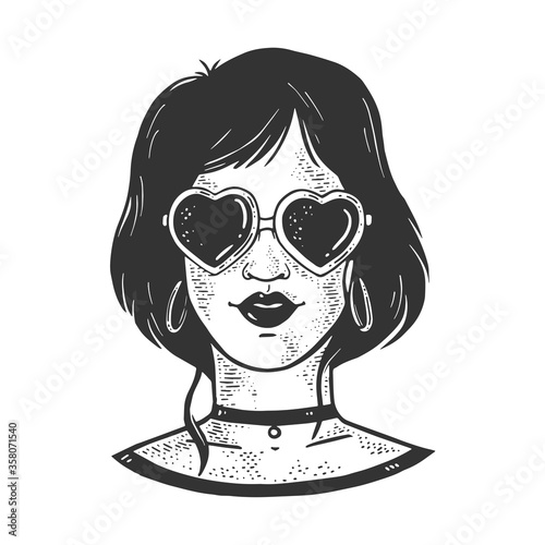 girl in sunglasses in form of heart sketch engraving vector illustration. T-shirt apparel print design. Scratch board imitation. Black and white hand drawn image.