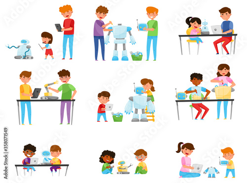 Children and Teenagers Sitting at Tables and Engineering Robots Vector Illustrations Set © Happypictures