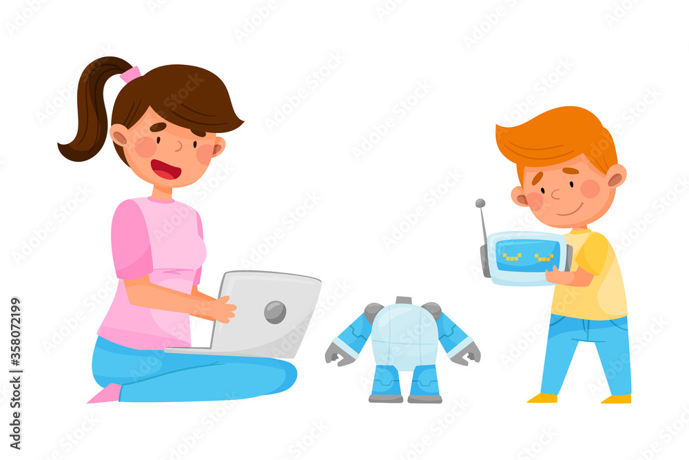Young Girl Sitting with Kid and Configuring Robot with Laptop Vector Illustration Young Girl Sitting with Kid and Configuring Robot with Laptop Vector Illustration