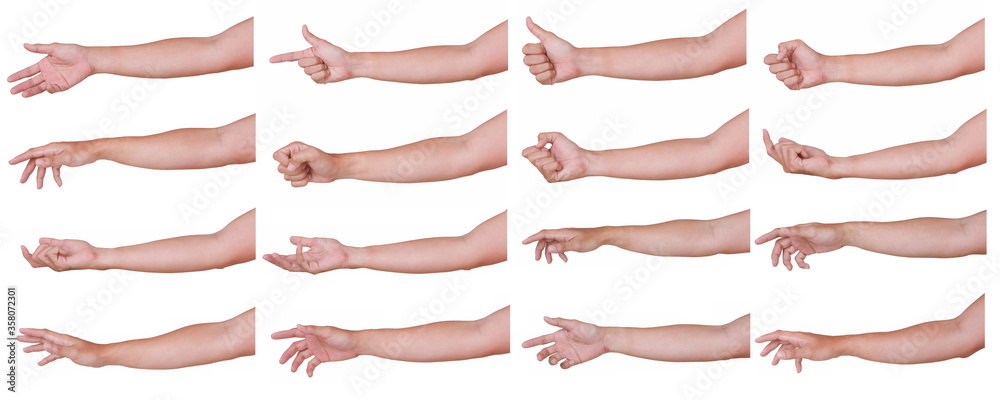 Fototapeta GROUP of Male asian hand gestures isolated over the white background.