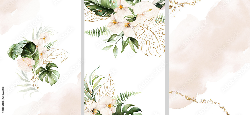 Fototapeta Watercolor tropical floral templates set - bouquet, frame, border. Green gold leaves, blush flowers. For wedding stationary, greetings, wallpapers, fashion, background.